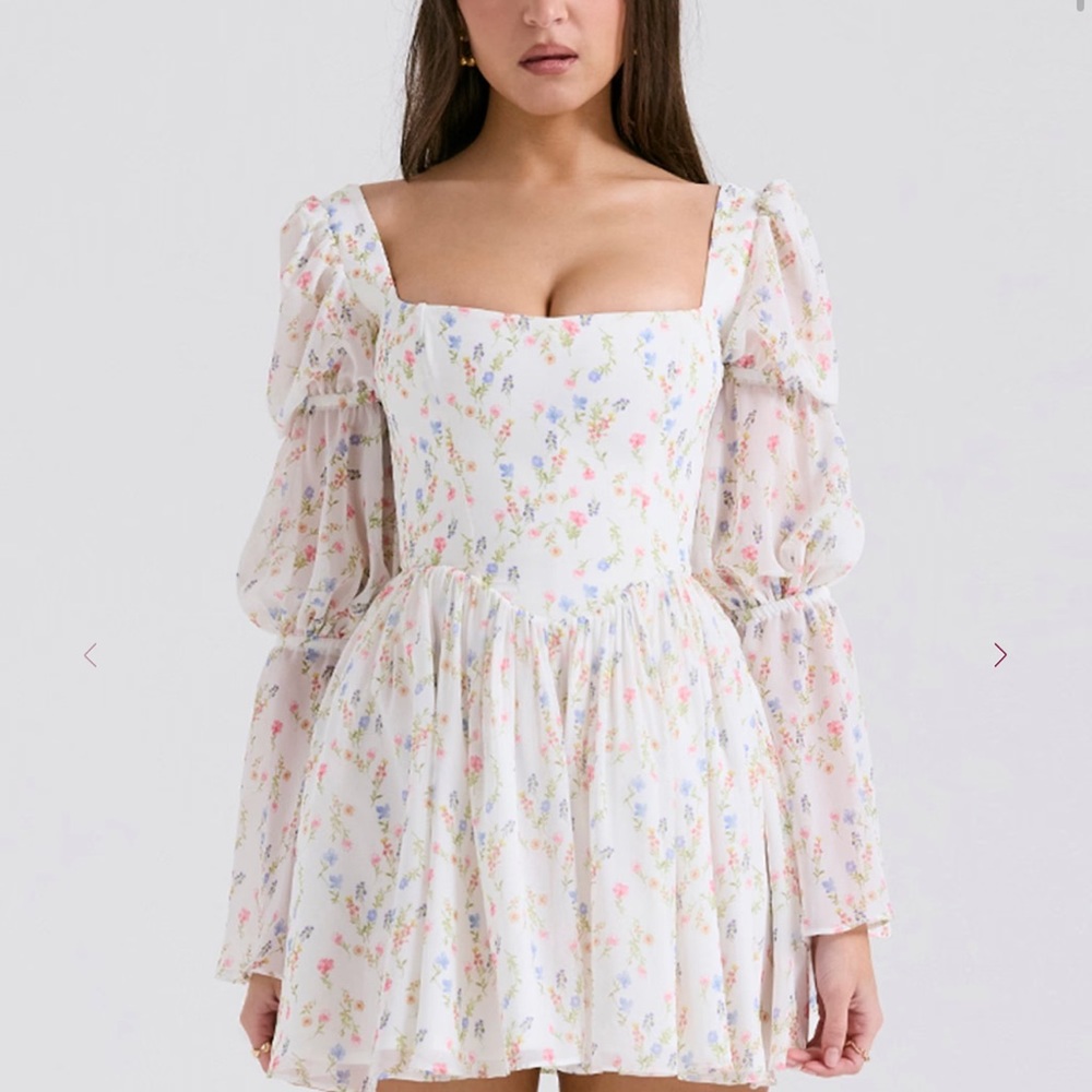 House of CB White Floral Long Sleeve Dress